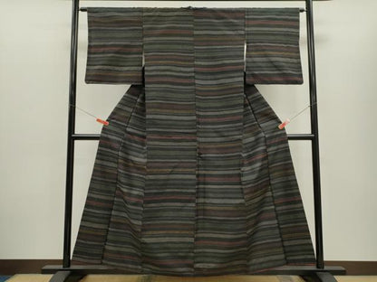 平和屋着物■上質な紬　吉祥横段文　黒地　正絹　逸品　CABH7779ze