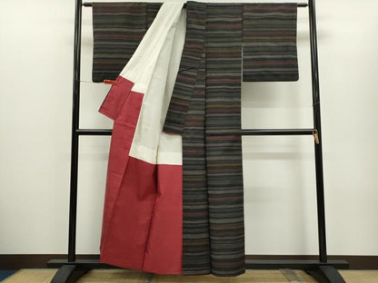 平和屋着物■上質な紬　吉祥横段文　黒地　正絹　逸品　CABH7779ze