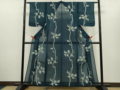 平和屋着物＊夏物　小紋　紗　枝葉文　正絹　逸品　CABH7817ze