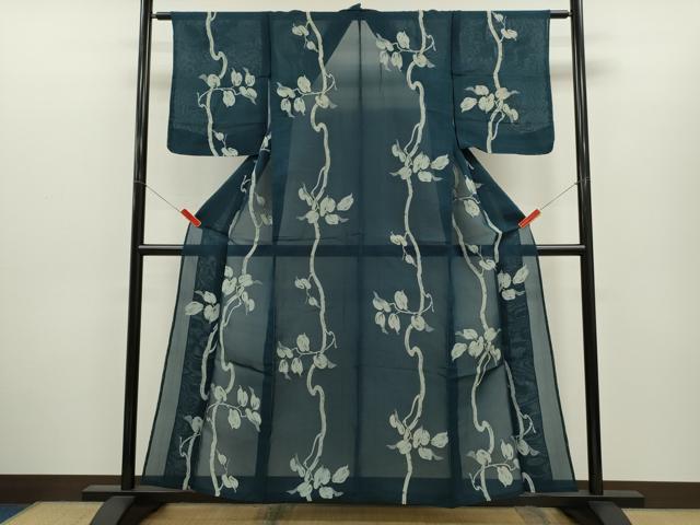 平和屋着物＊夏物　小紋　紗　枝葉文　正絹　逸品　CABH7817ze
