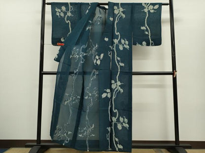 平和屋着物＊夏物　小紋　紗　枝葉文　正絹　逸品　CABH7817ze