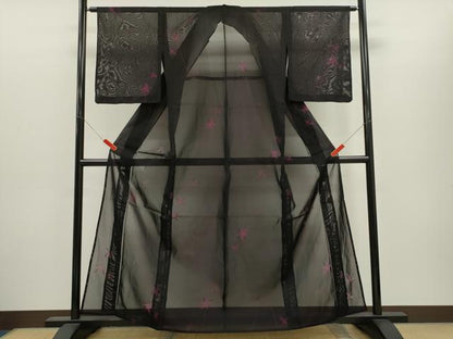 平和屋着物＊夏物　小紋　紗　枝葉文　黒地　正絹　逸品　CABH7820ze