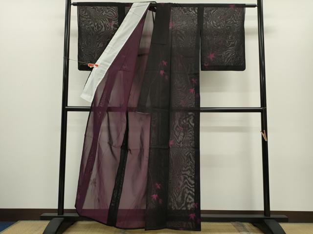 平和屋着物＊夏物　小紋　紗　枝葉文　黒地　正絹　逸品　CABH7820ze