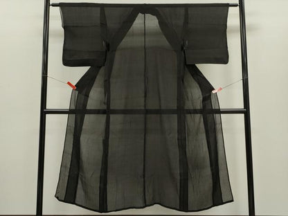 平和屋着物＊夏物　お召　紗　縞　黒地　正絹　逸品　CABH7822ze