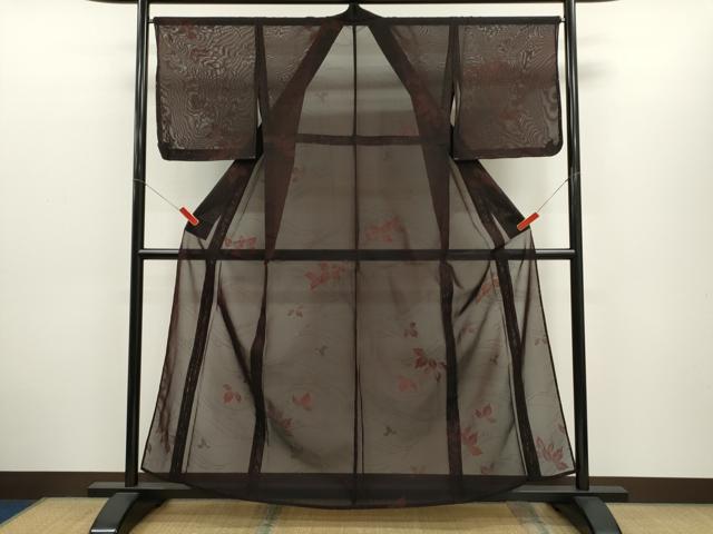 平和屋着物＊夏物　小紋　紗　舞葉文　黒地　正絹　逸品　未使用　CABH7826ze