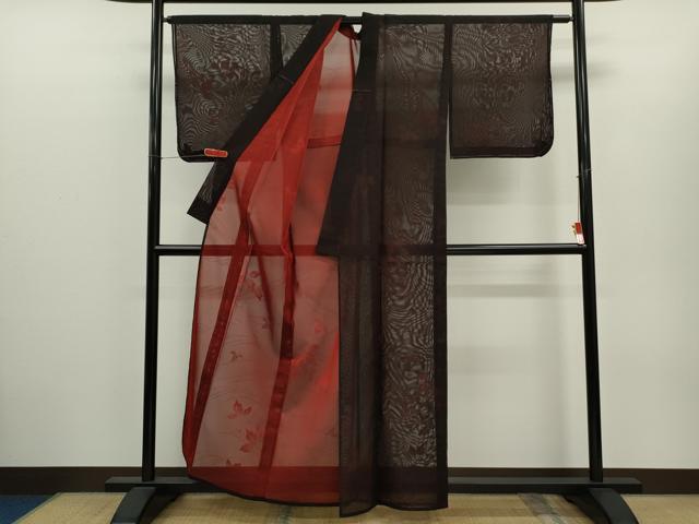 平和屋着物＊夏物　小紋　紗　舞葉文　黒地　正絹　逸品　未使用　CABH7826ze