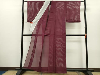 平和屋着物＊夏物　色無地　縦絽　暗紅色　洗える着物　CABH7847ze