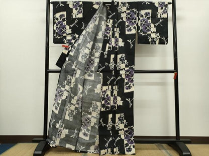 平和屋着物∴夏物　浴衣　トンボ　朝顔　黒地　綿　逸品　CABH7868ze