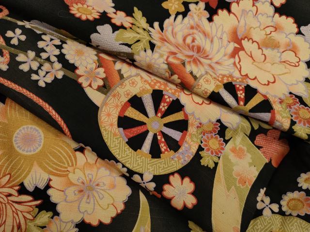 平和屋着物∴夏物　浴衣　花車短冊文　黒地　綿　逸品　CABH7870ze
