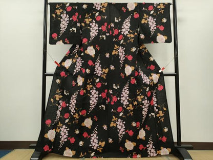 平和屋着物∴松田聖子　SEIKOMATSUDA　夏物　浴衣　草花文　黒地　日本製　綿　逸品　CABH7871ze