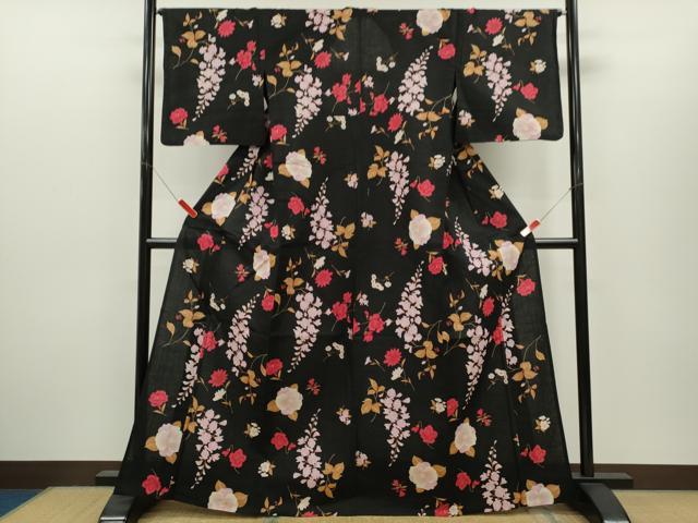 平和屋着物∴松田聖子　SEIKOMATSUDA　夏物　浴衣　草花文　黒地　日本製　綿　逸品　CABH7871ze