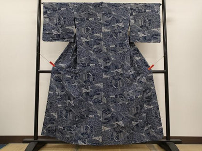 平和屋着物∴夏物　浴衣　注染　御所車舞蝶草花文　手縫い　綿　逸品　CABH7879ze