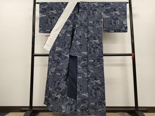 平和屋着物∴夏物　浴衣　注染　御所車舞蝶草花文　手縫い　綿　逸品　CABH7879ze
