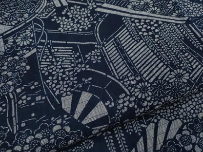 平和屋着物∴夏物　浴衣　注染　御所車舞蝶草花文　手縫い　綿　逸品　CABH7879ze