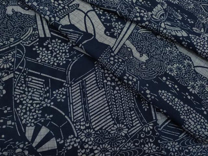 平和屋着物∴夏物　浴衣　注染　御所車舞蝶草花文　手縫い　綿　逸品　CABH7879ze