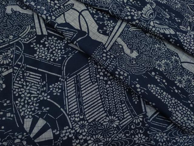 平和屋着物∴夏物　浴衣　注染　御所車舞蝶草花文　手縫い　綿　逸品　CABH7879ze