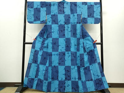 平和屋着物∴夏物　浴衣　注染　市松枝花文　綿　逸品　CABH7884ze