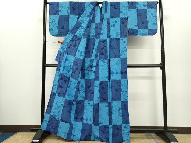 平和屋着物∴夏物　浴衣　注染　市松枝花文　綿　逸品　CABH7884ze
