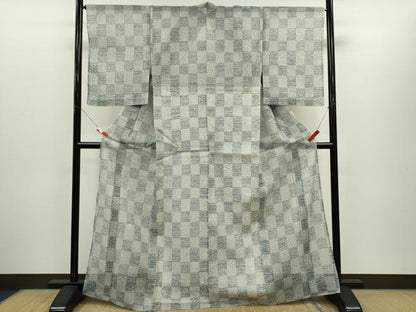 平和屋着物＊夏物　小紋・浴衣兼用　絹紅梅　市松文　絹綿　逸品　未使用　CABH7889ze