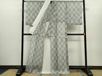平和屋着物＊夏物　小紋・浴衣兼用　絹紅梅　市松文　絹綿　逸品　未使用　CABH7889ze