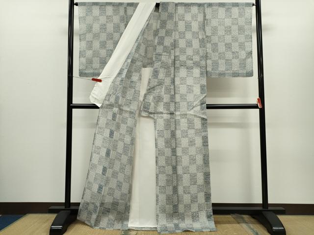 平和屋着物＊夏物　小紋・浴衣兼用　絹紅梅　市松文　絹綿　逸品　未使用　CABH7889ze