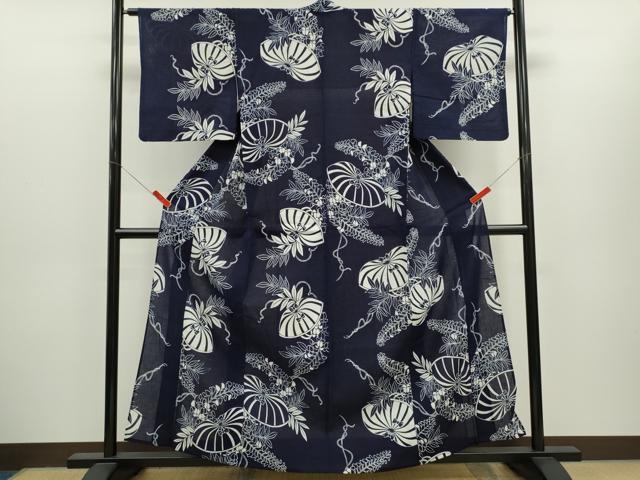 平和屋着物∴夏物　浴衣　綿紅梅　注染　花籠　手縫い　綿　逸品　CABH7896ze