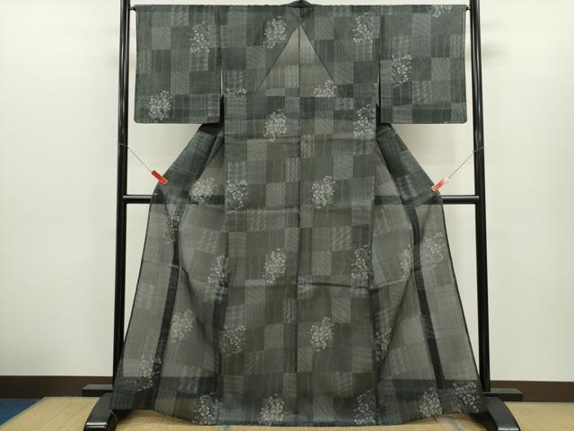 平和屋着物＊夏物　小紋・浴衣兼用　絹紅梅　市松草花文　絹綿　逸品　CABH7904ze