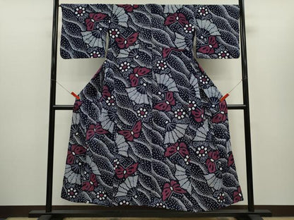 平和屋着物∴夏物　浴衣　有松鳴海絞り　扇面舞蝶花文　綿　逸品　未使用　CABH7925ze