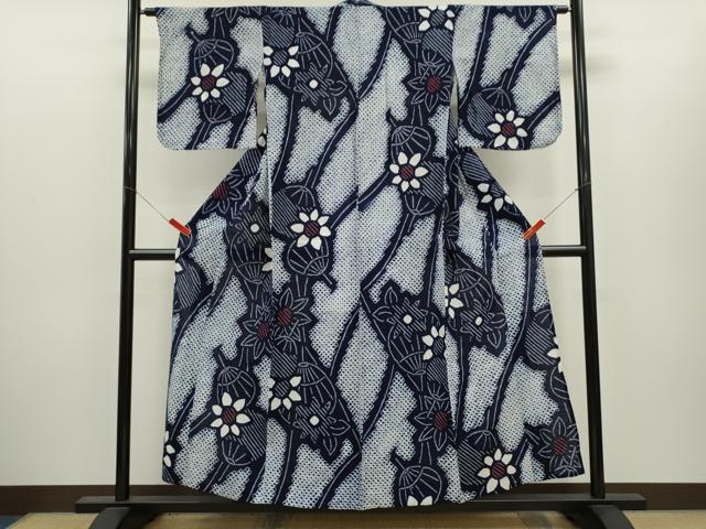 平和屋着物∴夏物　浴衣　有松鳴海絞り　うちわ　舞花文　綿　逸品　CABH7927ze