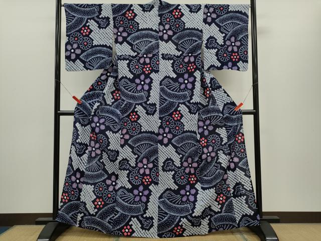 平和屋着物∴夏物　浴衣　有松鳴海絞り　扇面花文　綿　逸品　未使用　CABH7935ze