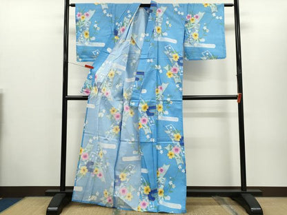 平和屋着物∴夏物　浴衣　エ霞短冊花文　綿　逸品　CABH7943ze