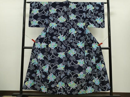 平和屋着物∴夏物　浴衣　注染　花唐草文　手縫い　綿　逸品　CABH7944ze