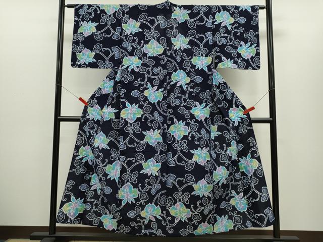 平和屋着物∴夏物　浴衣　注染　花唐草文　手縫い　綿　逸品　CABH7944ze