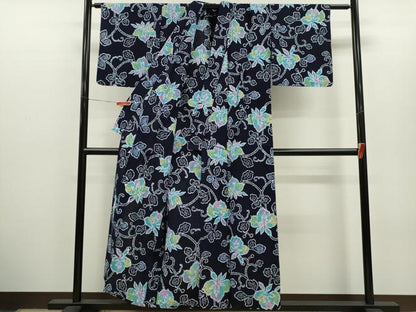 平和屋着物∴夏物　浴衣　注染　花唐草文　手縫い　綿　逸品　CABH7944ze