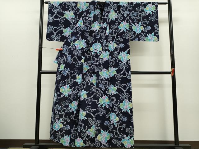 平和屋着物∴夏物　浴衣　注染　花唐草文　手縫い　綿　逸品　CABH7944ze