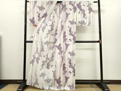 平和屋着物∴夏物　浴衣　縦絽　縞　草花文　綿　逸品　CABH7949ze
