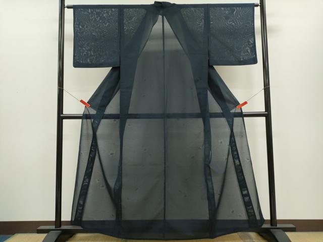 平和屋着物＊夏物　色無地　絽　草花紋紗　紺色　正絹　逸品　CABH7961ze