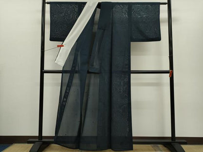 平和屋着物＊夏物　色無地　絽　草花紋紗　紺色　正絹　逸品　CABH7961ze