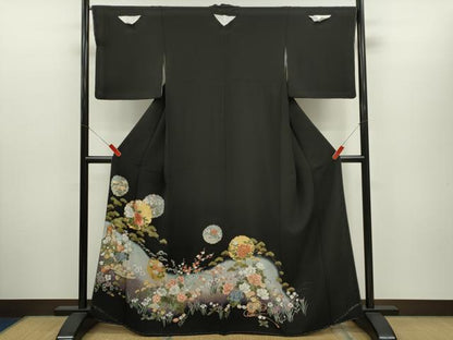 平和屋着物●豪華黒留袖　駒刺繍　雪輪重ね吉祥花文　暈し染め　金彩　正絹　逸品　CABH7977ze