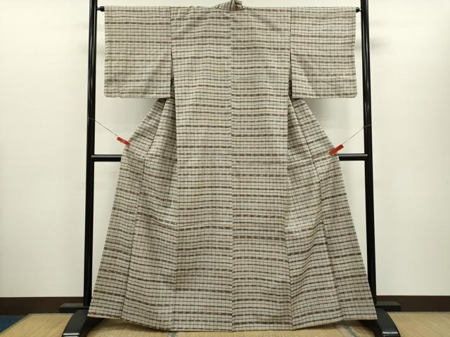 平和屋着物●国指定重要無形文化財　本場久米島紬　手織　格子柄　正絹　逸品　CABH7980ze