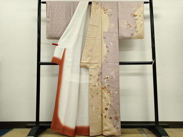 平和屋着物●訪問着　駒刺繍　舞蝶枝萩文　金彩　正絹　逸品　CABH7991ze