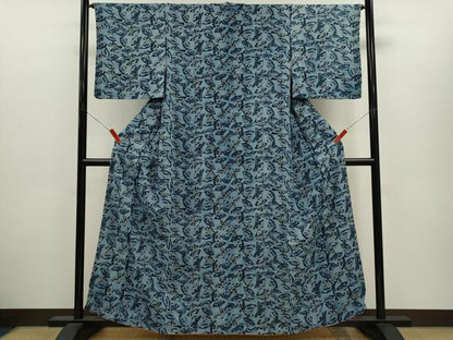 平和屋着物●上質な小紋　藍　型染め　扇面草花舞蝶文　正絹　逸品　未使用　CABH7997ze