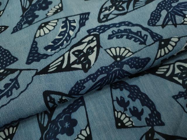 平和屋着物●上質な小紋　藍　型染め　扇面草花舞蝶文　正絹　逸品　未使用　CABH7997ze