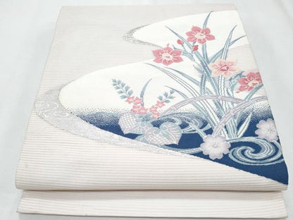平和屋着物＊夏物　九寸開き名古屋帯　流水草花文　銀糸　正絹　逸品　CABH8026fb