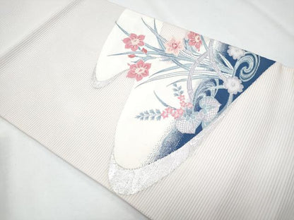 平和屋着物＊夏物　九寸開き名古屋帯　流水草花文　銀糸　正絹　逸品　CABH8026fb