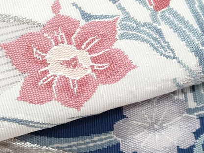 平和屋着物＊夏物　九寸開き名古屋帯　流水草花文　銀糸　正絹　逸品　CABH8026fb
