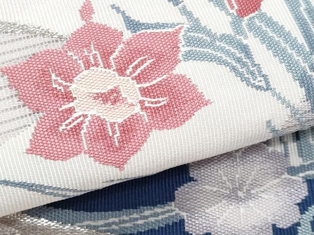 平和屋着物＊夏物　九寸開き名古屋帯　流水草花文　銀糸　正絹　逸品　CABH8026fb
