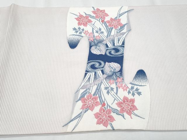 平和屋着物＊夏物　九寸開き名古屋帯　流水草花文　銀糸　正絹　逸品　CABH8026fb