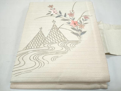 平和屋着物＊夏物　九寸名古屋帯　刺繍　流水桔梗文　金銀彩　正絹　逸品　CABH8063fb