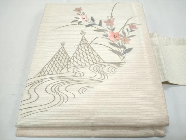 平和屋着物＊夏物　九寸名古屋帯　刺繍　流水桔梗文　金銀彩　正絹　逸品　CABH8063fb